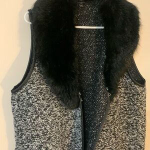 Talbots Black and Gray Faux Fur Vest